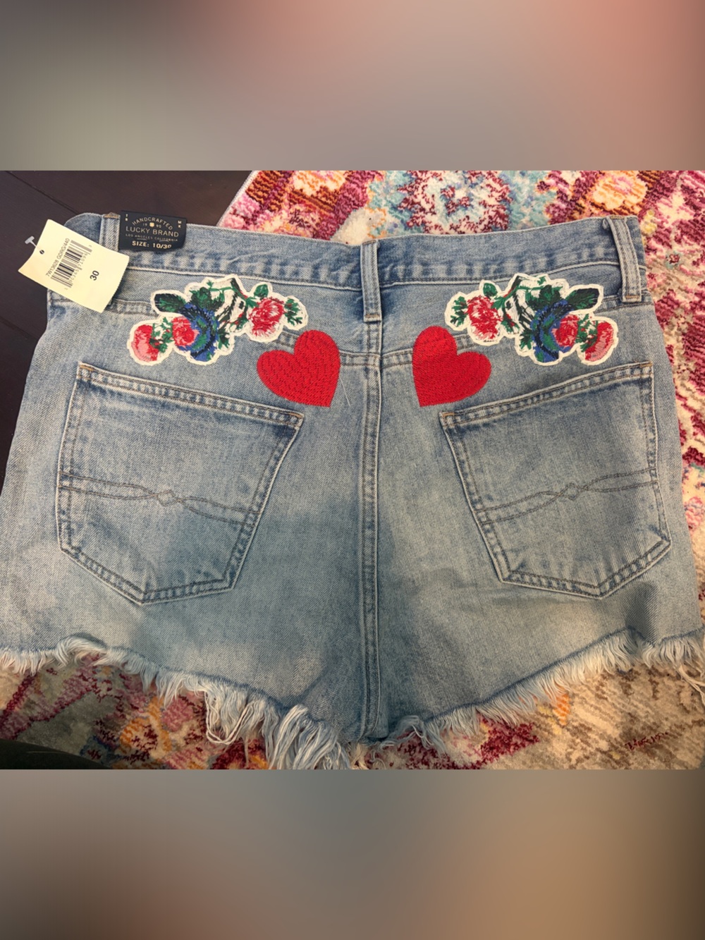 Lucky Brand Light Blue Denim Shorts with Red Heart & Floral Embroidery